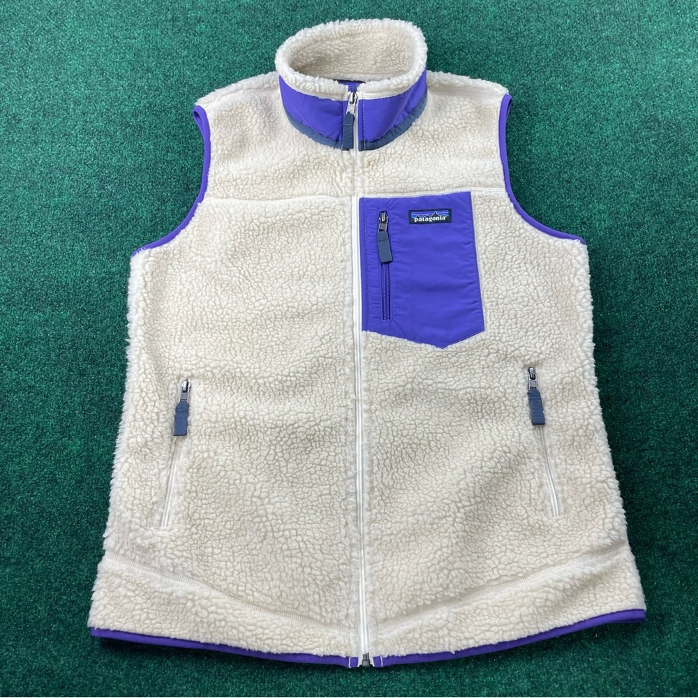 Patagonia Classic Retro-X Deep Pile Fleece Vest Ivory w/ Purple Women’s Large